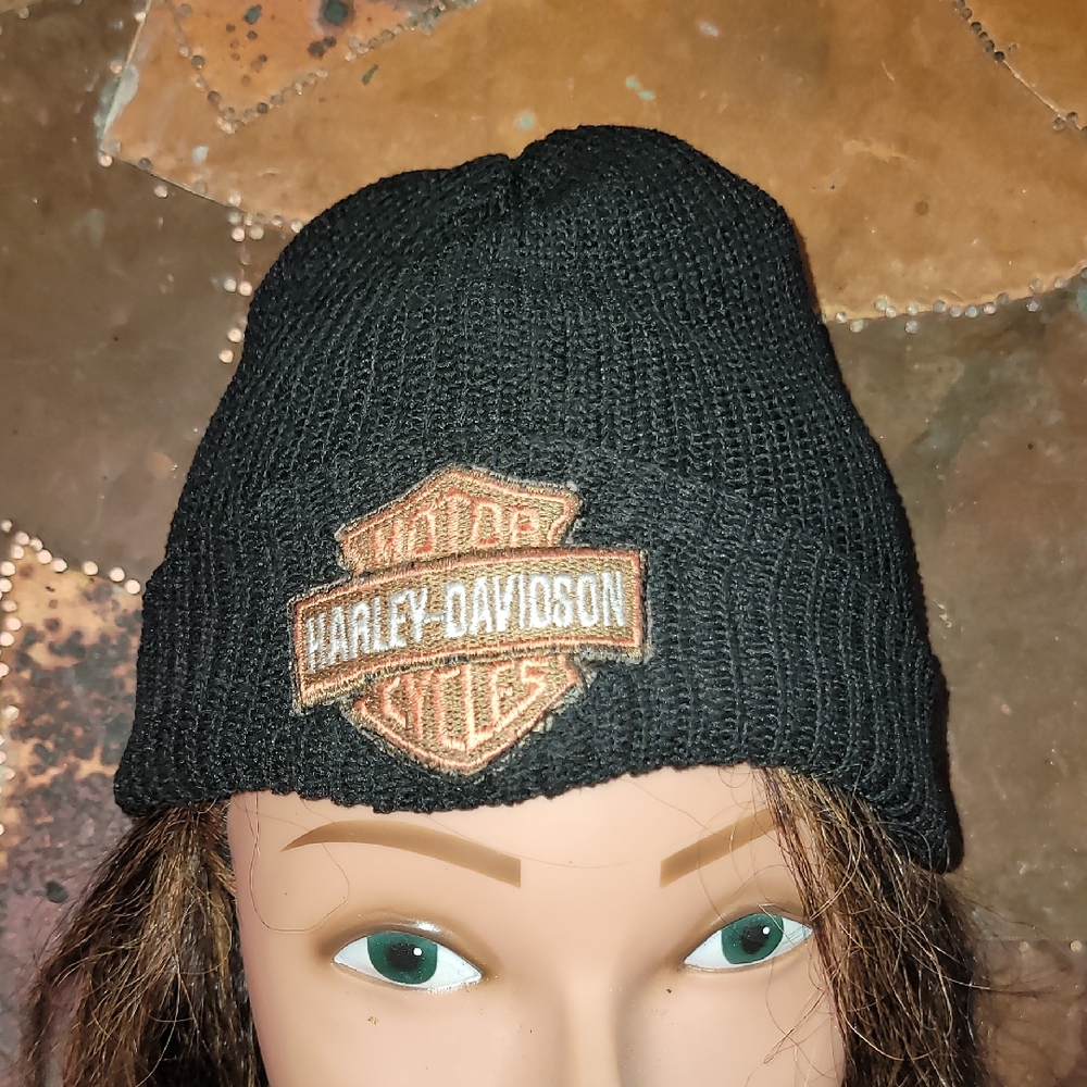Vintage. Harley-Davidson Black Beanie with Orange Logo Patch. One Size